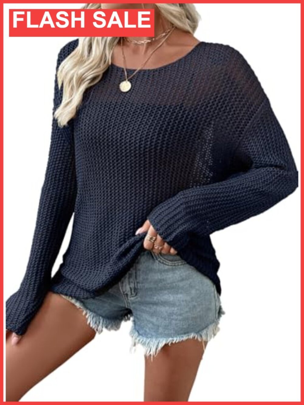 EVALESS Womens Crochet Sweater Hollow Out Knit Long Sleeve Crew Neck Top